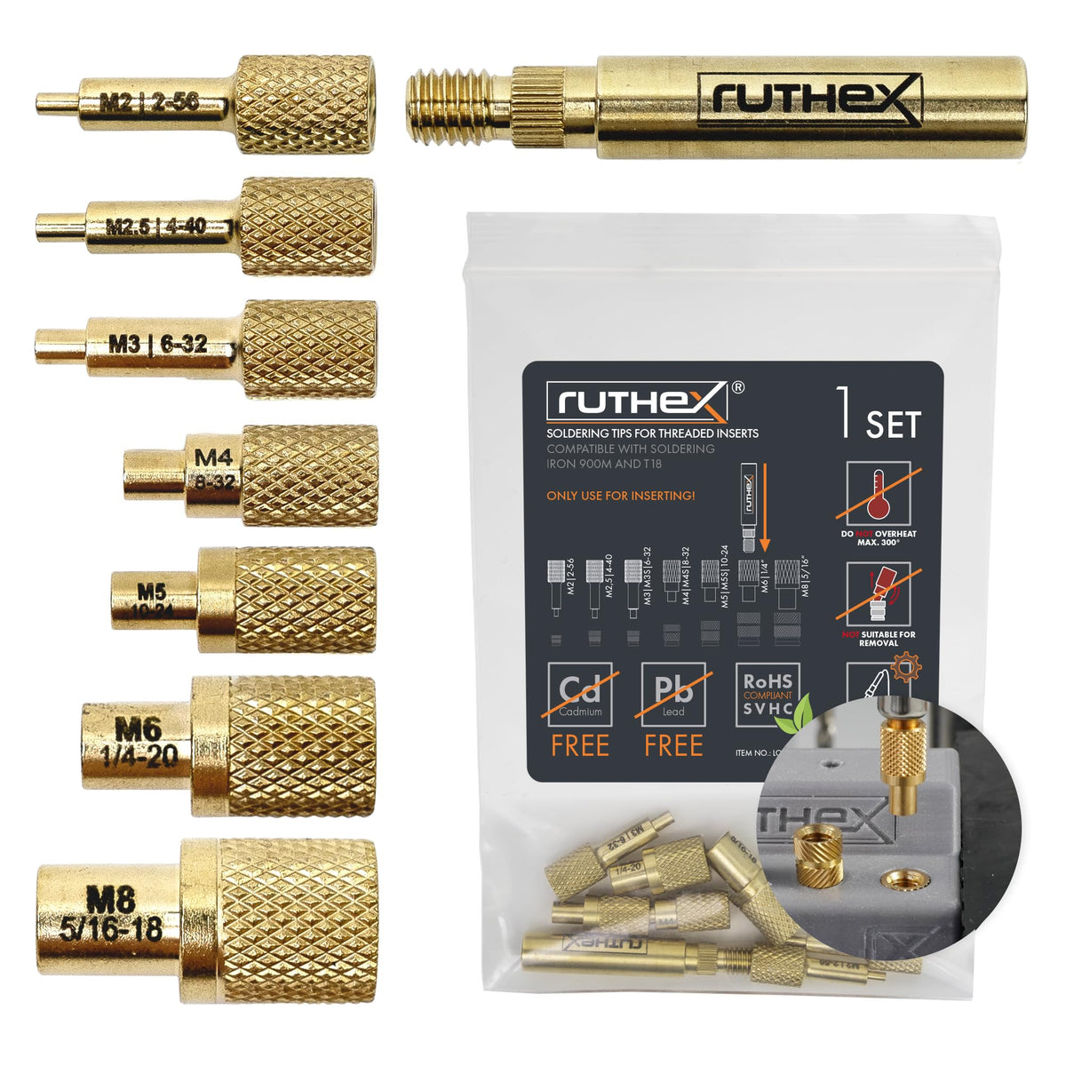Ruthex 7x soldering tips set for thread inserts M2 to M8 enabling precise installations