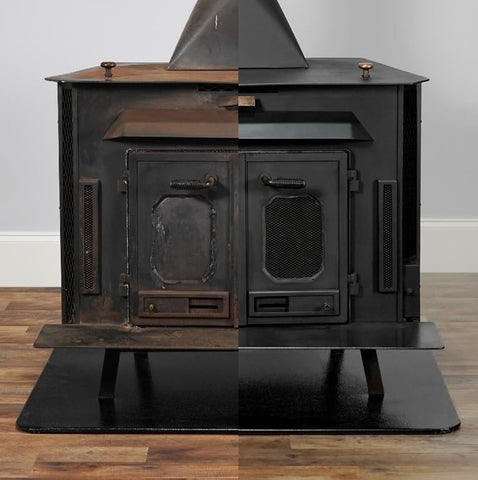 Rutland 1200°F Hi-Temp spray paint on brick and chimney caps showing rust-prevention finish.