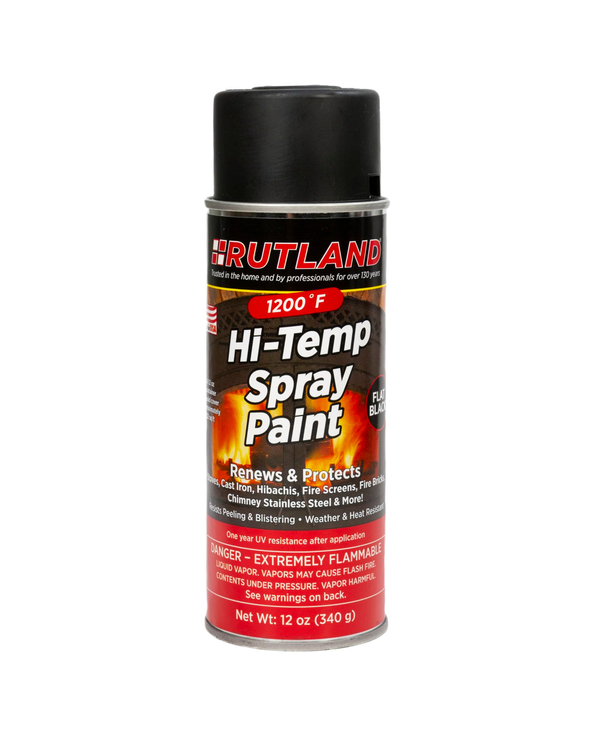 Rutland 1200°F Hi-Temp spray paint can with flat black finish for metal surfaces.