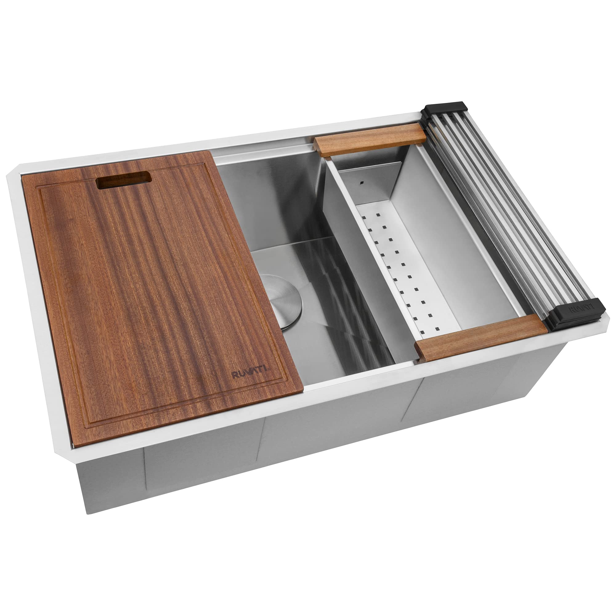 Ruvati 32-inch undermount sink with cutting board for quick prep and rinsing.