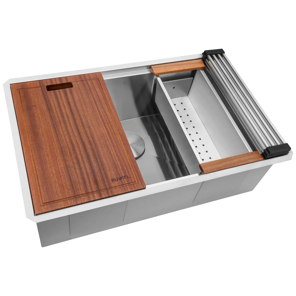 Ruvati 32-inch undermount sink with cutting board for quick prep and rinsing.