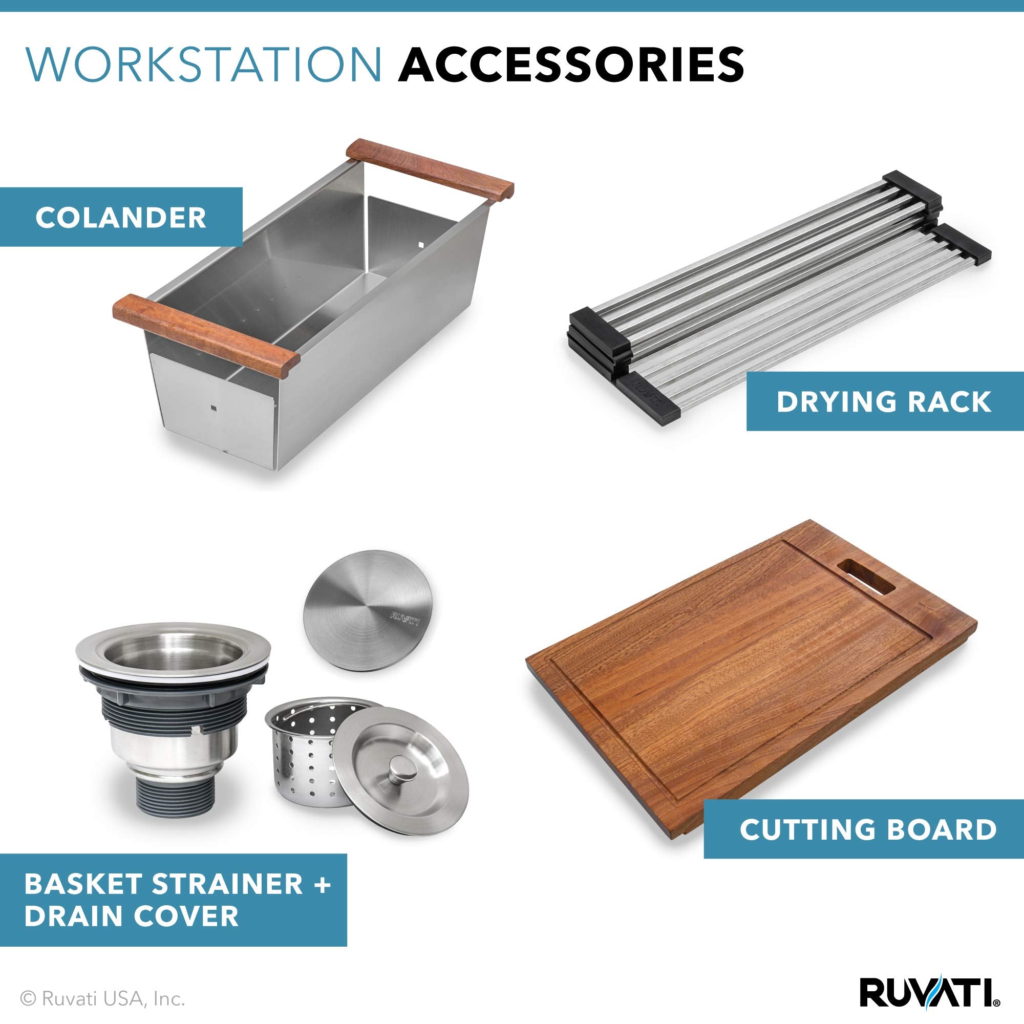 Stainless colander rests over RVH8310 sink for quick rinsing