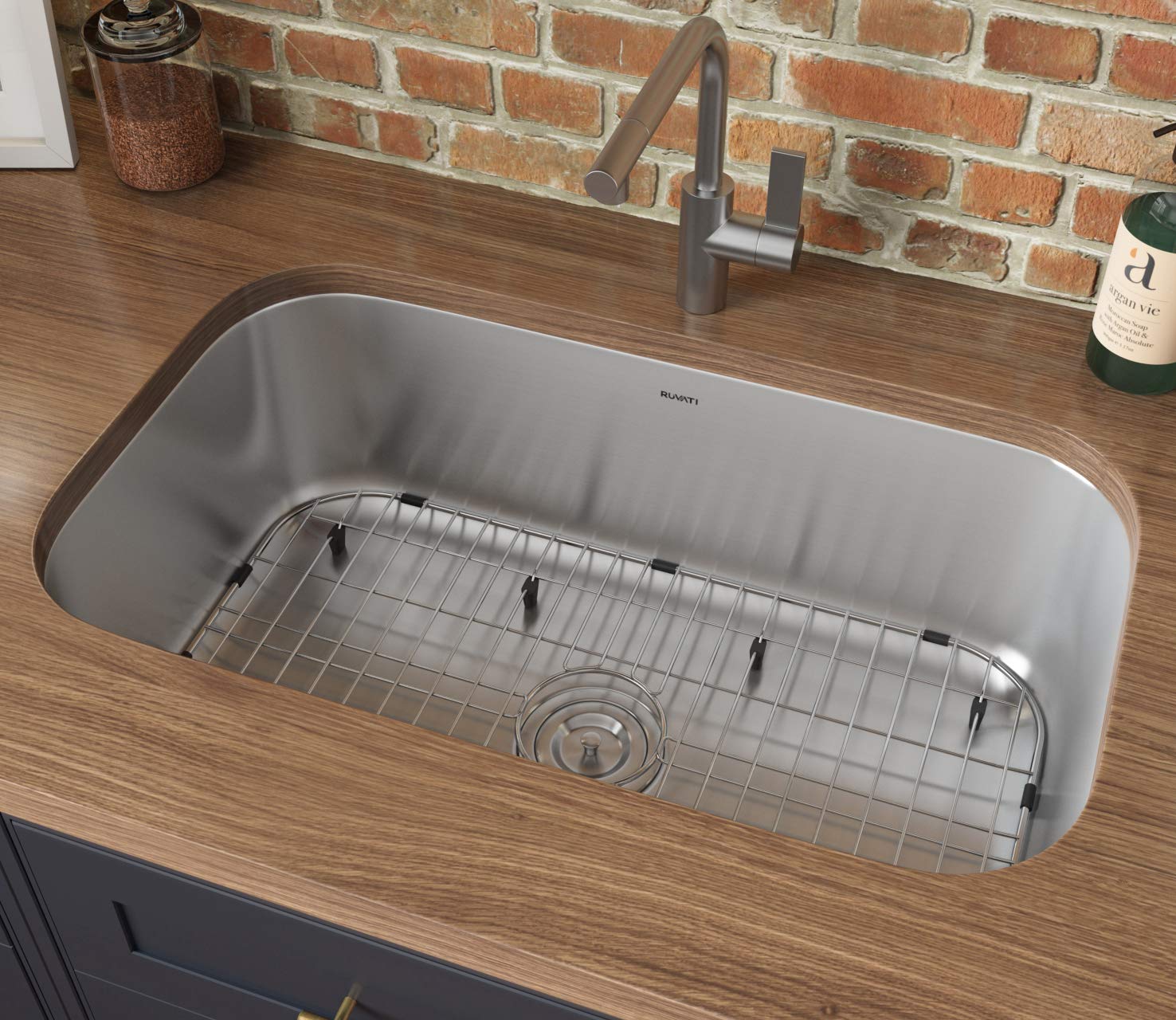 Ruvati RVM4200 16-gauge stainless steel sink highlights durability and rust resistance.