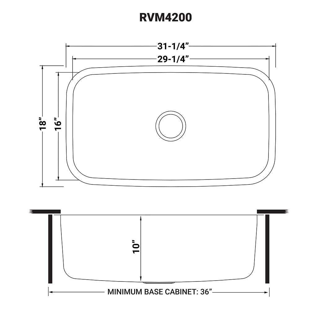 Ruvati RVM4200 fits deep basins and requires 36-inch base cabinet for installation.