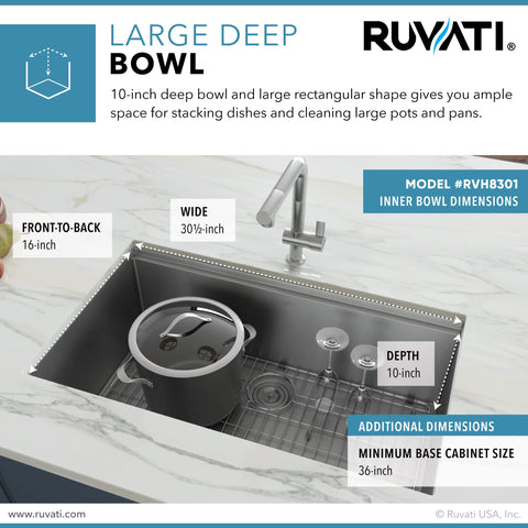 Ruvati RVH8301 under-mount design for clean, seamless countertop integration