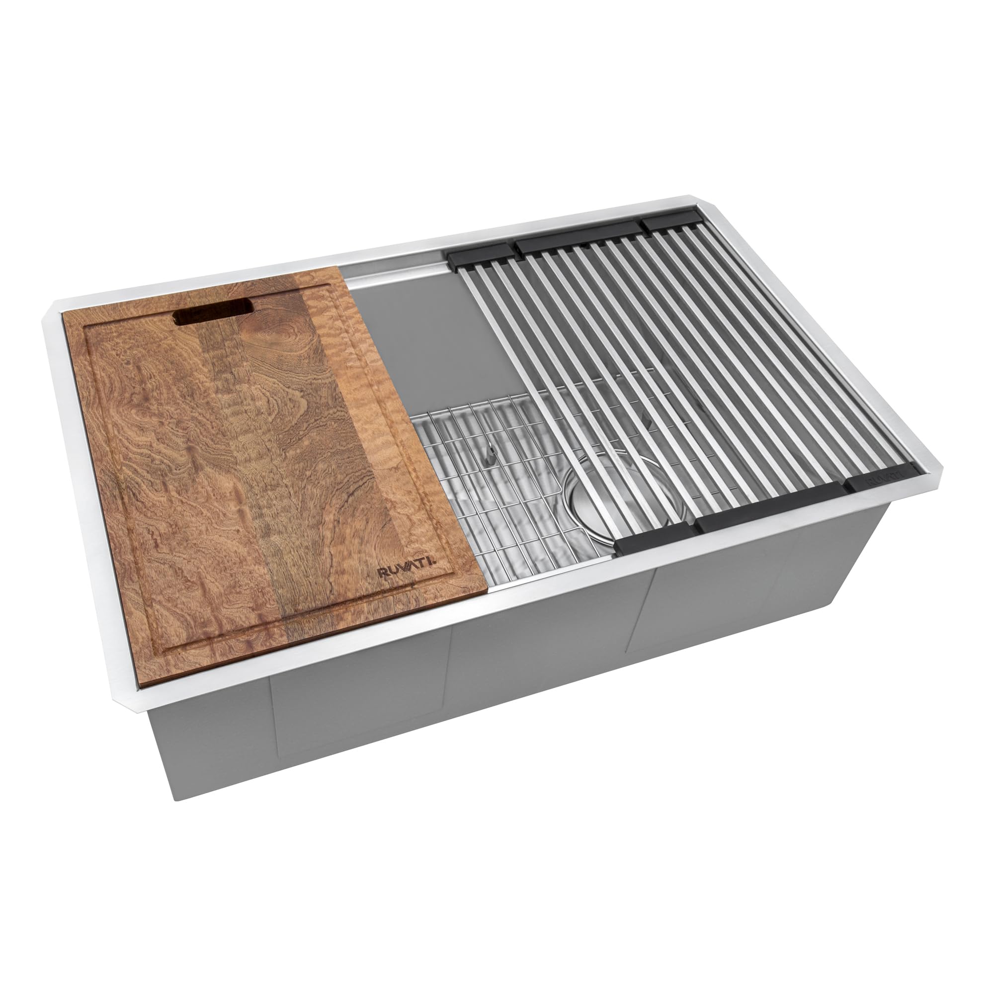 Ruvati 33-inch workstation sink full view in brushed stainless steel for daily use