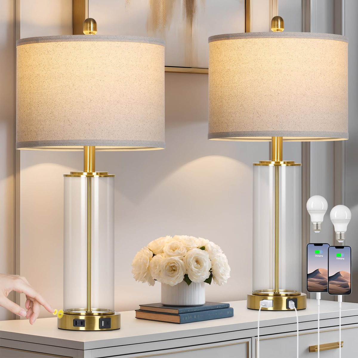 Ruzectt 26-inch gold glass table lamp base detail enhances stability and style.