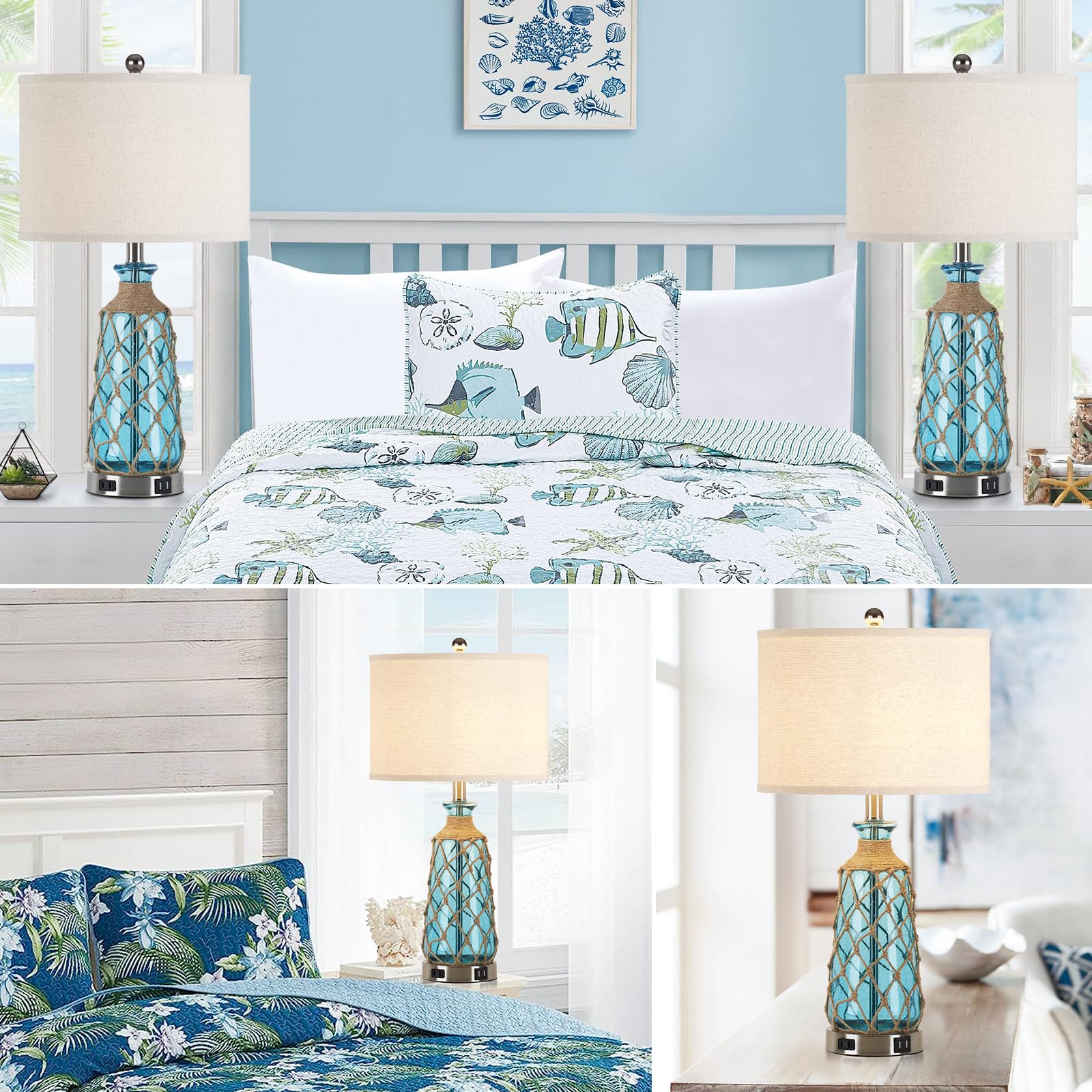 Ruzectt teal coastal lamp pictured in a cozy living room setting