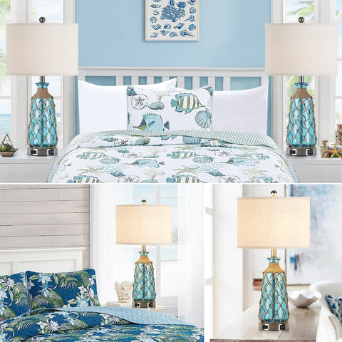Ruzectt teal coastal lamp pictured in a cozy living room setting