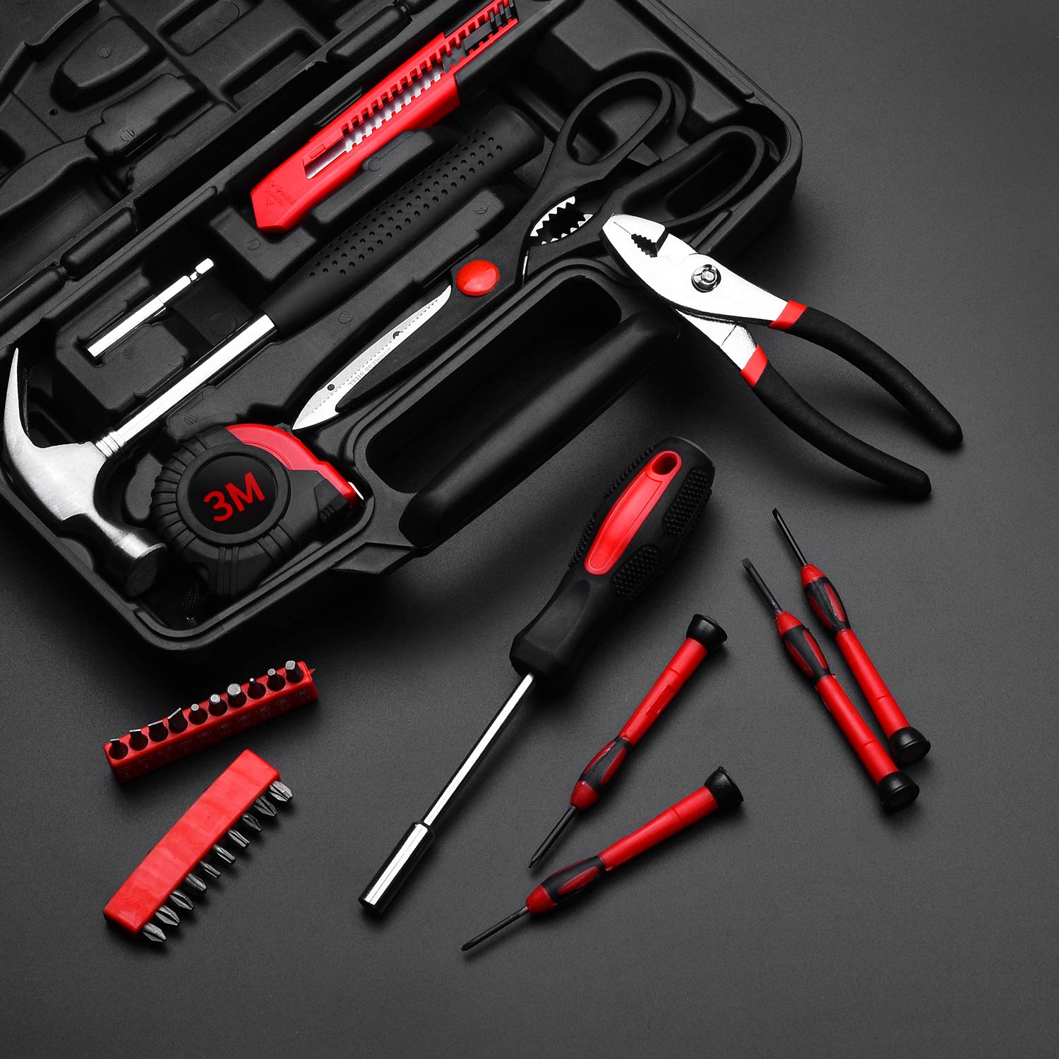 RVOGJP 39-piece tool kit inside layout highlights versatile tool selection for quick fixes
