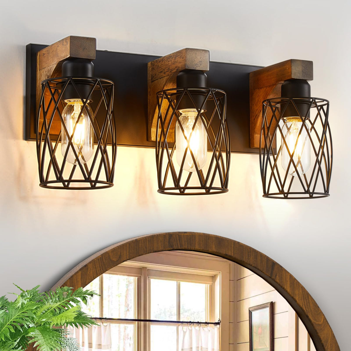 RVONOW farmhouse vanity light with wood frame and black metal cage adds rustic warmth.