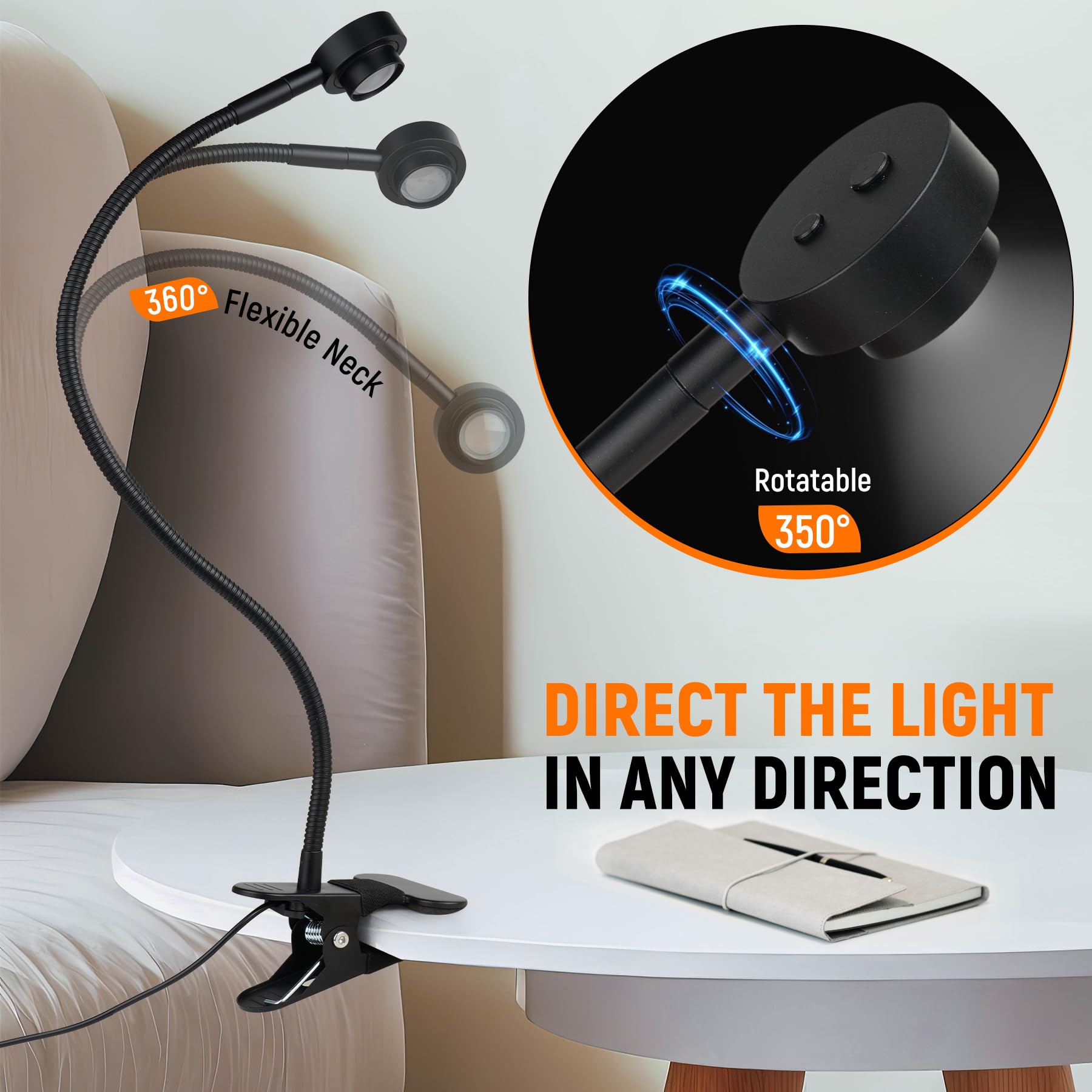 RVSPARK Clip On Light shown on a bedside setup for convenient reading.
