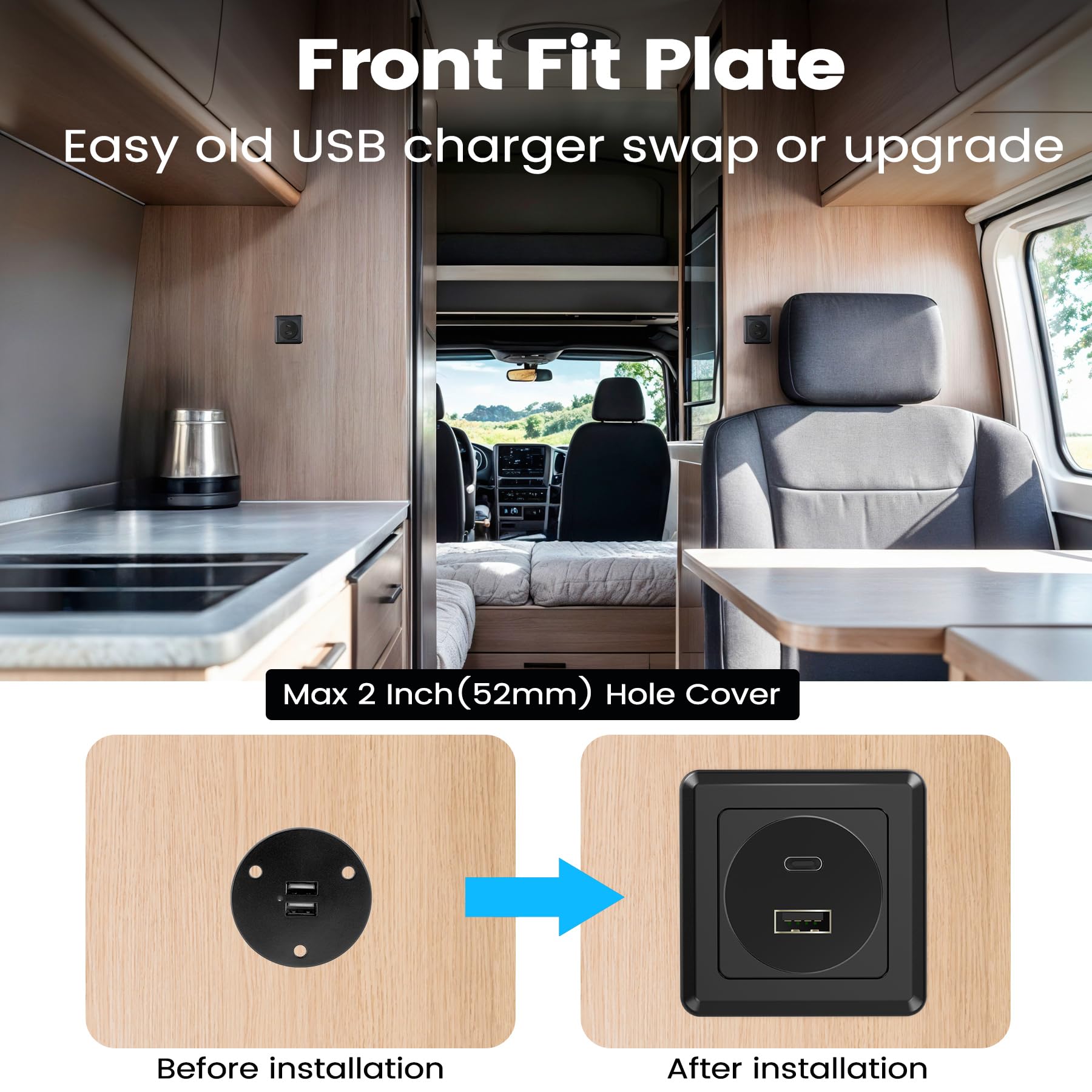RVSPARK USB outlet with matte black faceplate blends with RV decor