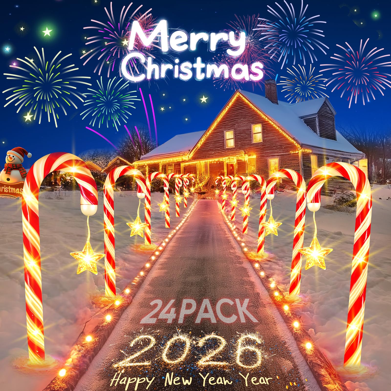 RVZHI solar candy cane lights illuminate the yard with festive ambiance.
