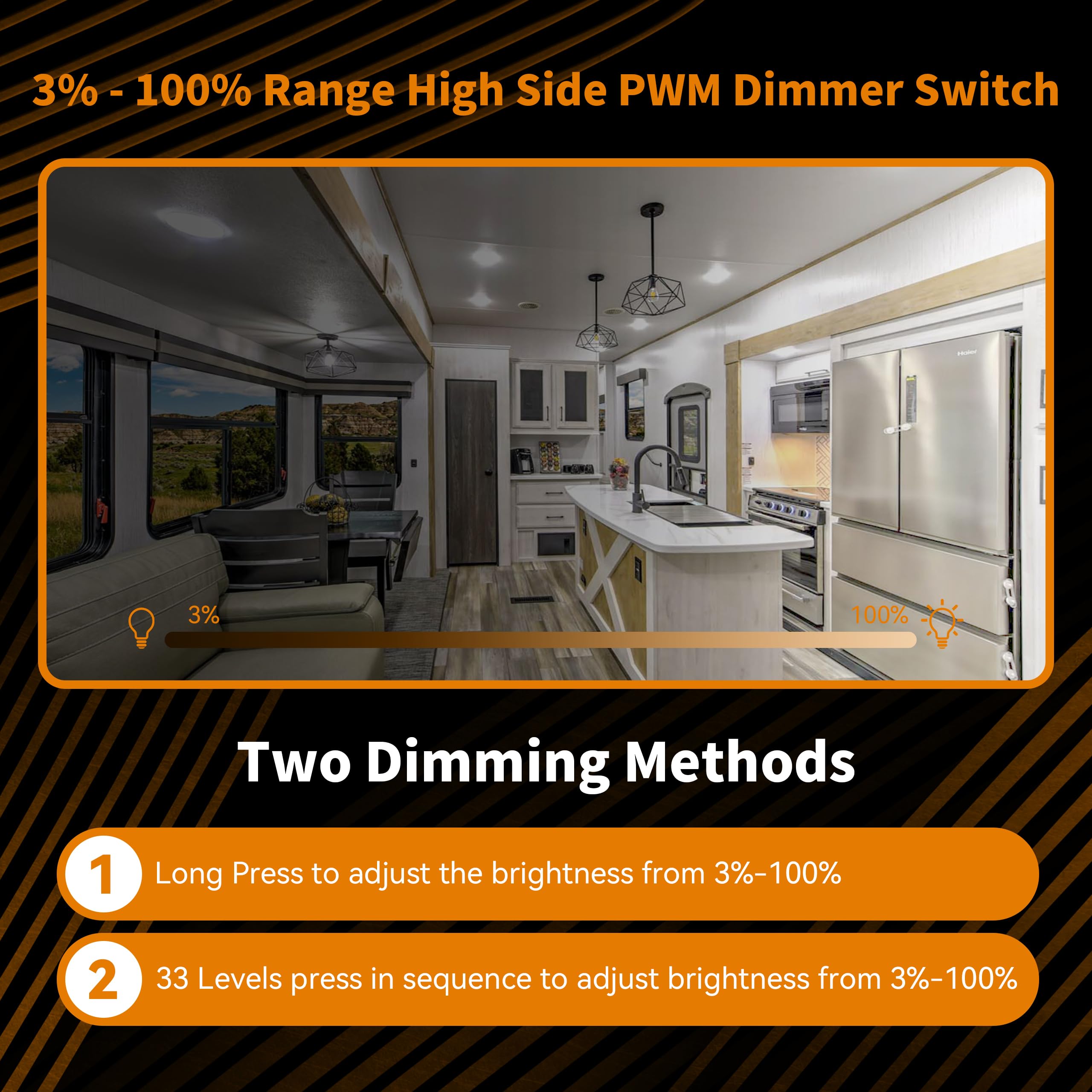 RVZONE 12V dimmer switch installed in RV camper shows versatile interior lighting