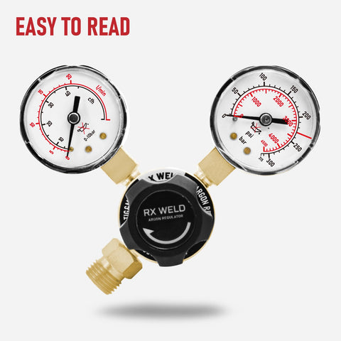 Brass body of RX WELD argon regulator emphasizing durability