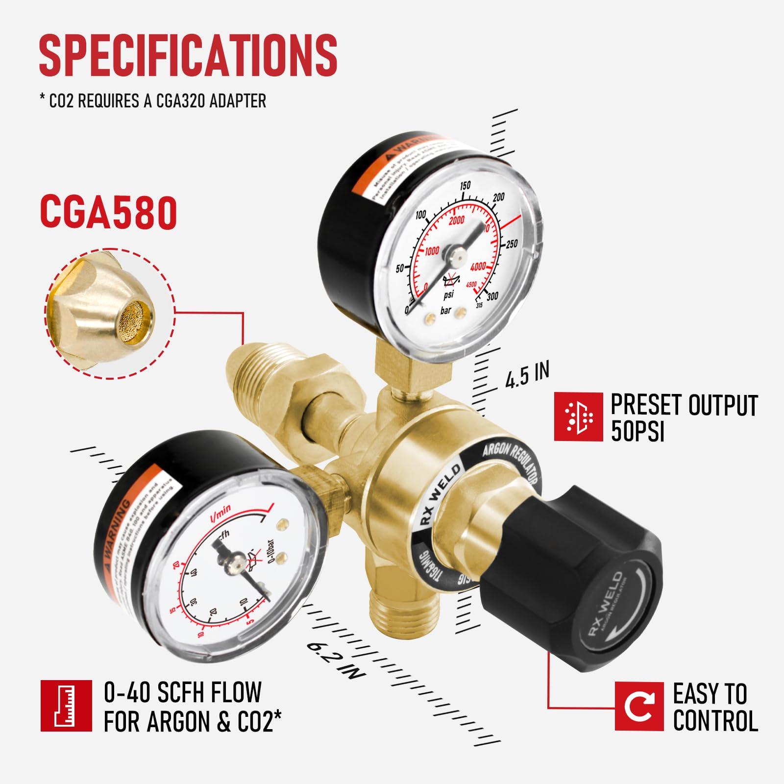 RX WELD regulator CGA580 inlet connection on argon tank