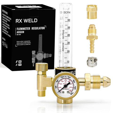 RX WELD Argon regulator flowmeter gauge displays precise gas flow for MIG/TIG welding.