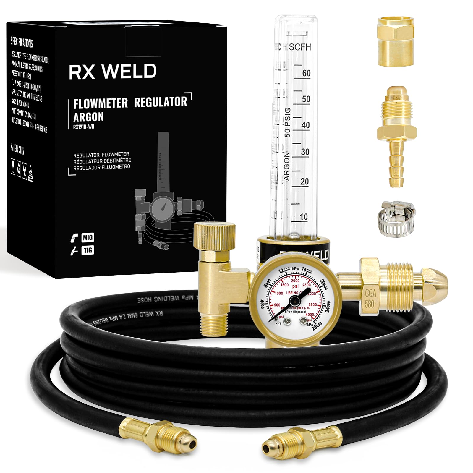 RX WELD Argon Regulator Flowmeter side view for precise MIG/TIG gas control.