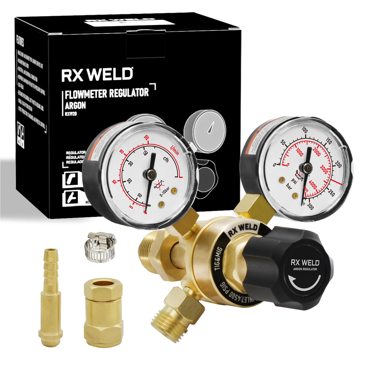 RX WELD argon regulator gauge with clear readouts for precise flow control