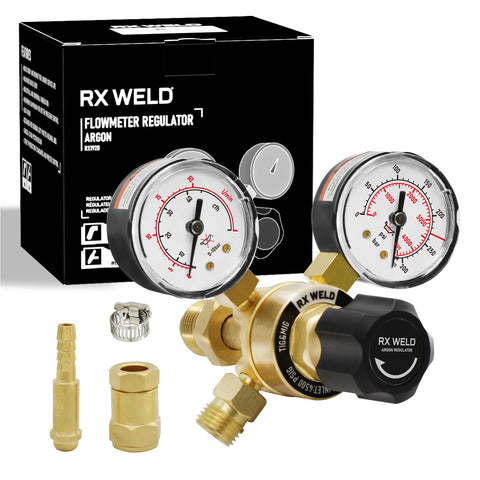 RX WELD argon regulator gauge with clear readouts for precise flow control