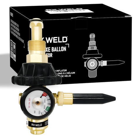 RX WELD helium inflator gauge closeup for precise balloon filling.