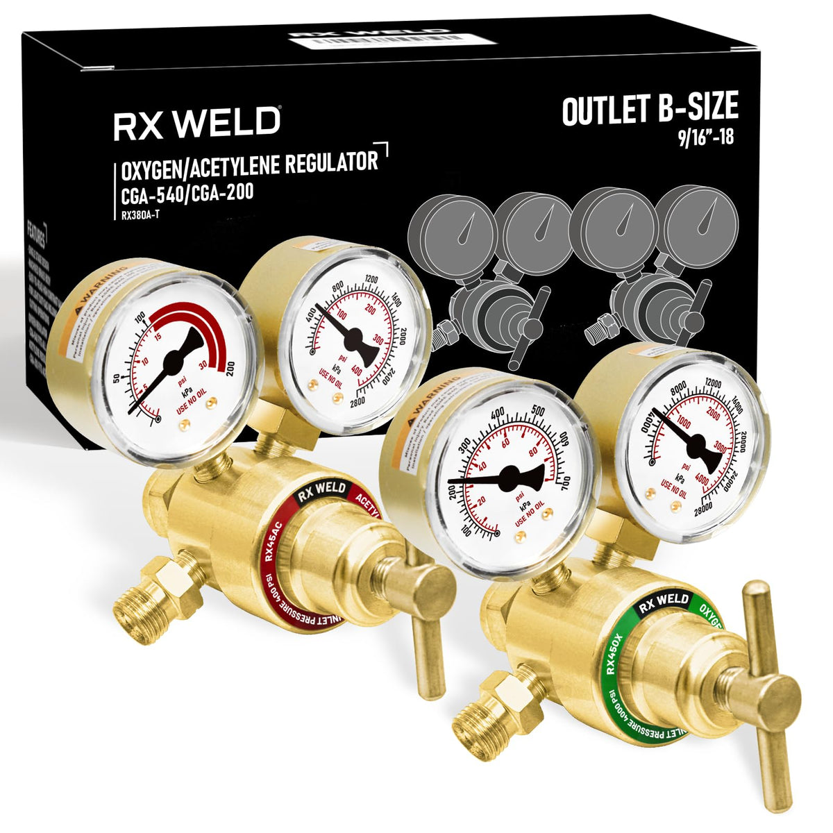 RX WELD oxygen regulator outlet connector for 9/16-18 B-size hoses and secure fit