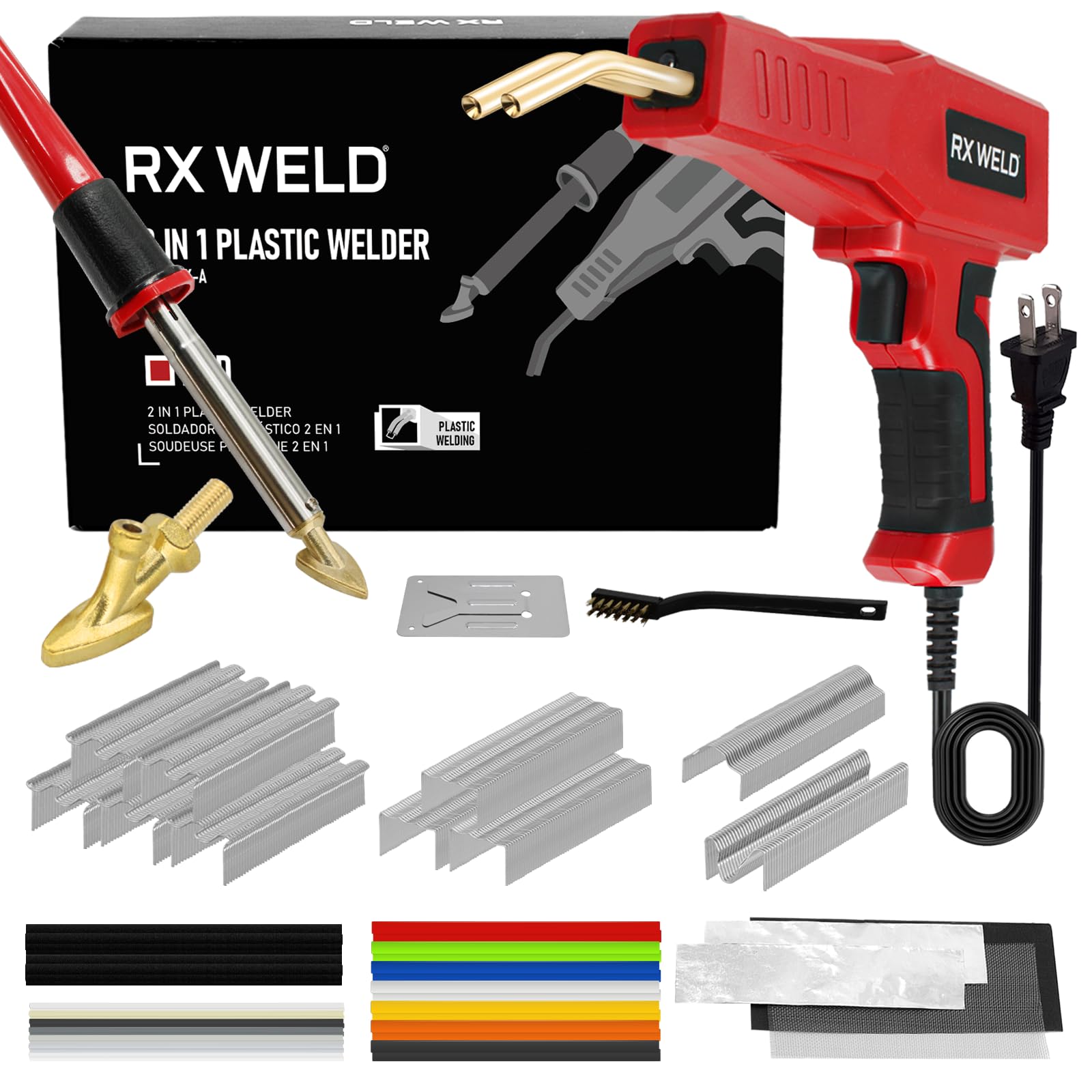 RX WELD plastic welder kit front view showing compact 2-in-1 tool for repairs