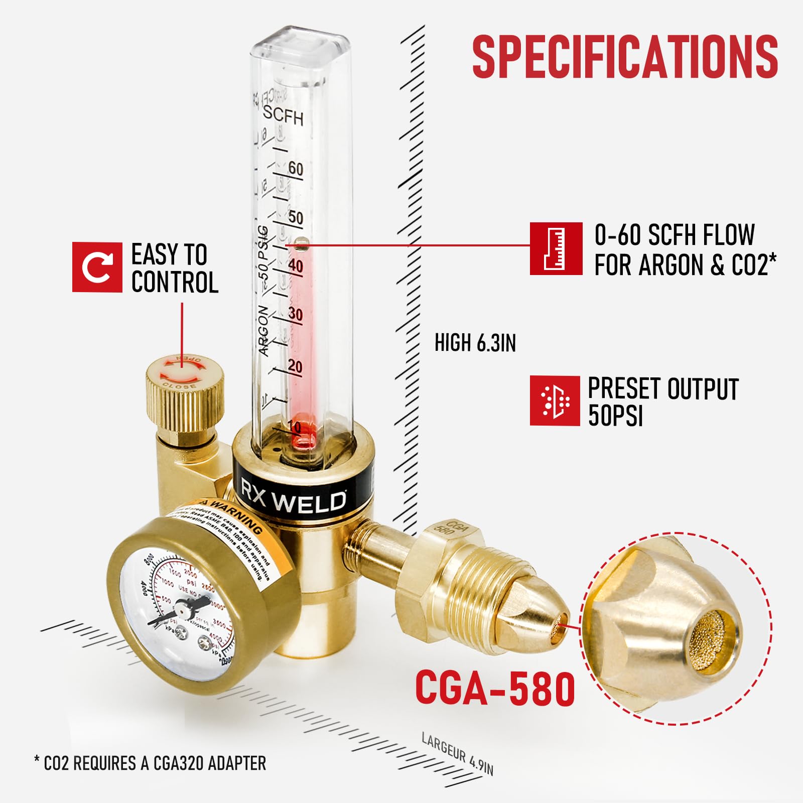 RX WELD regulator shows multiple connection options for versatile gas setups.
