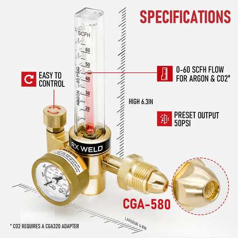 RX WELD regulator shows multiple connection options for versatile gas setups.