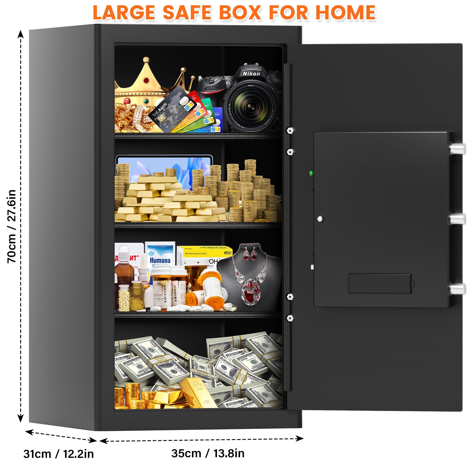 RXUJYC fireproof safe digital keypad and spare keys for convenient access.
