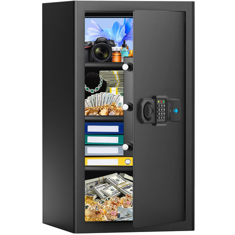 RXUJYC fireproof safe front view with dual alarm for added security.