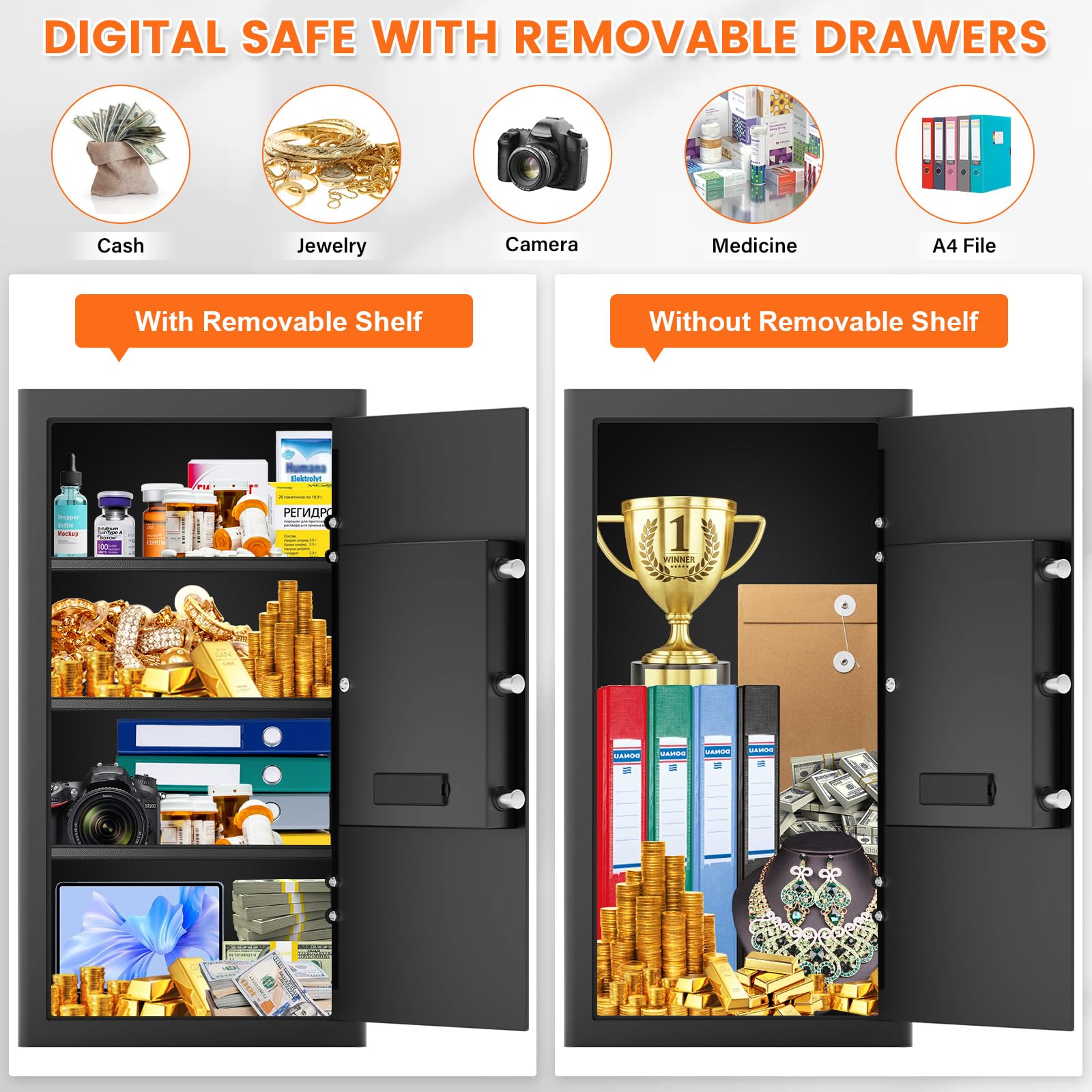 RXUJYC safe with built-in LED light brightens the interior for easy viewing.