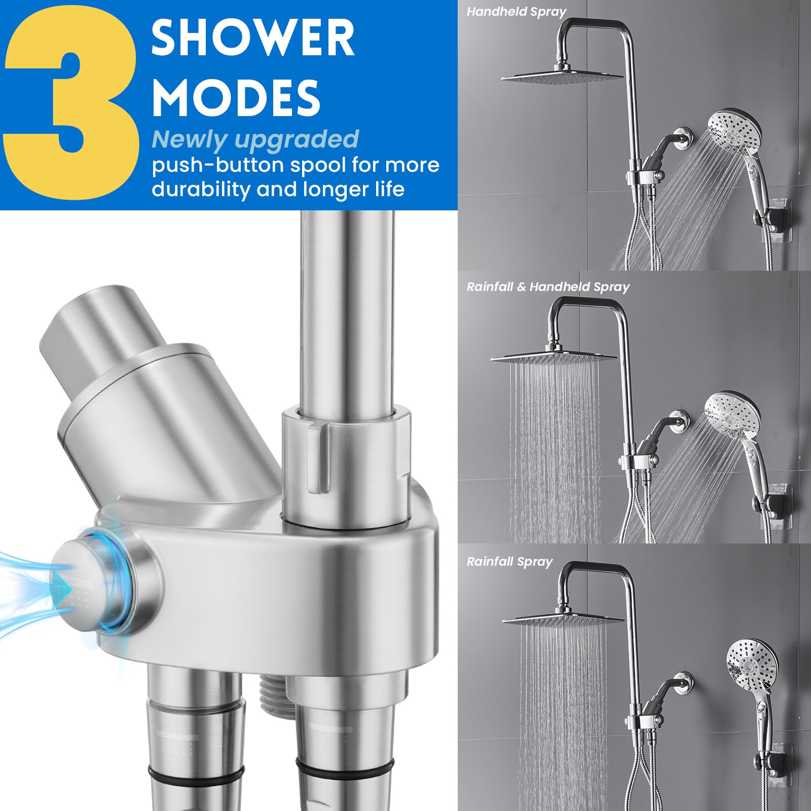 Ryamen 15-inch slide bar adjusts height for comfortable showers.