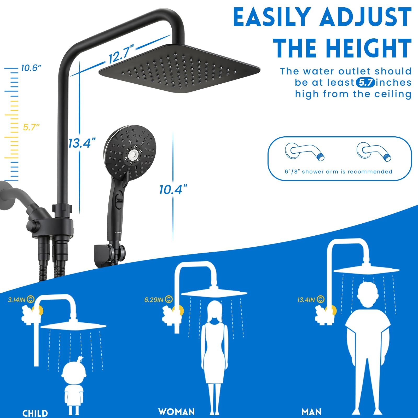 Ryamen handheld with 6 settings provides versatile showering options.