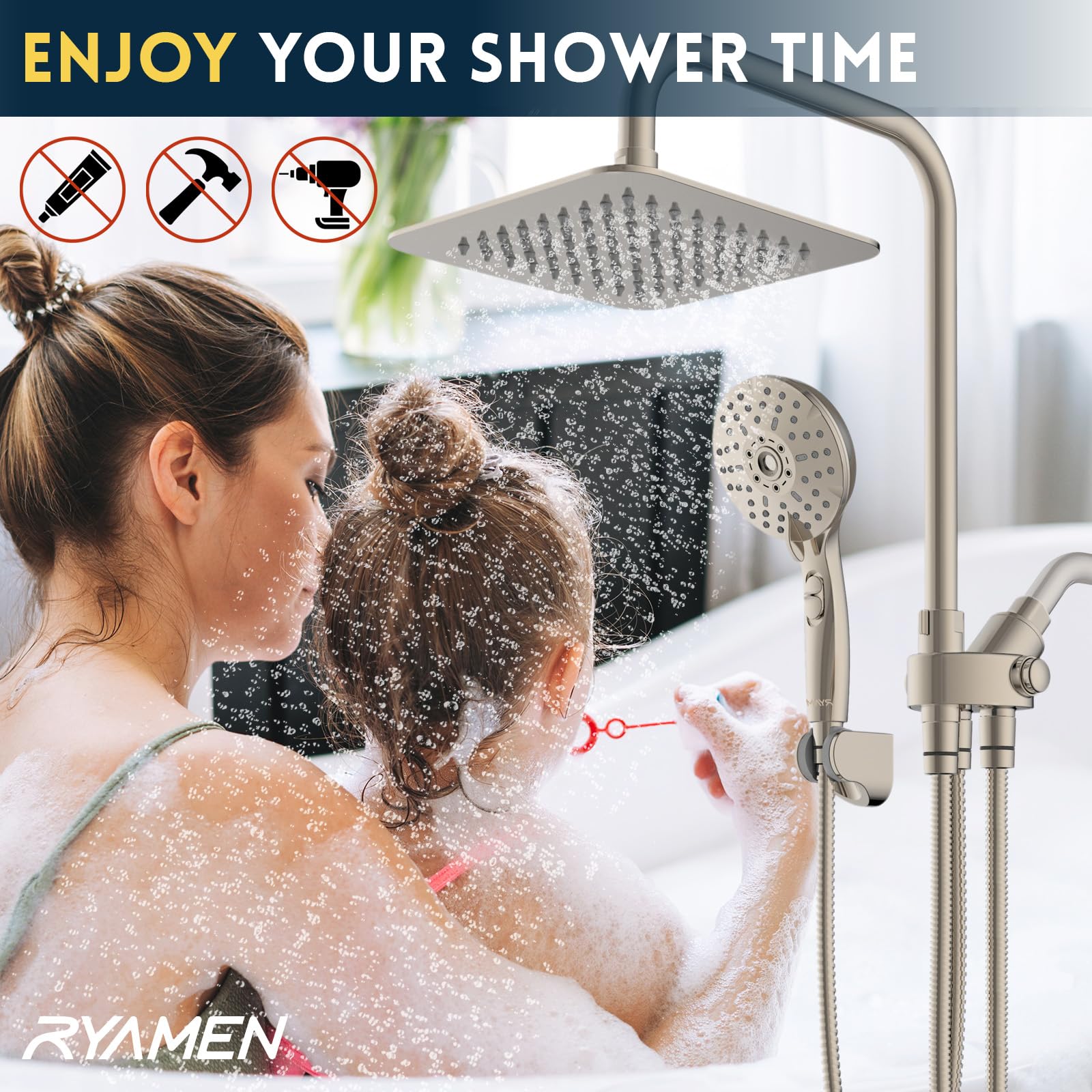Ryamen shower system includes 8-inch rainfall head and handheld for daily routines