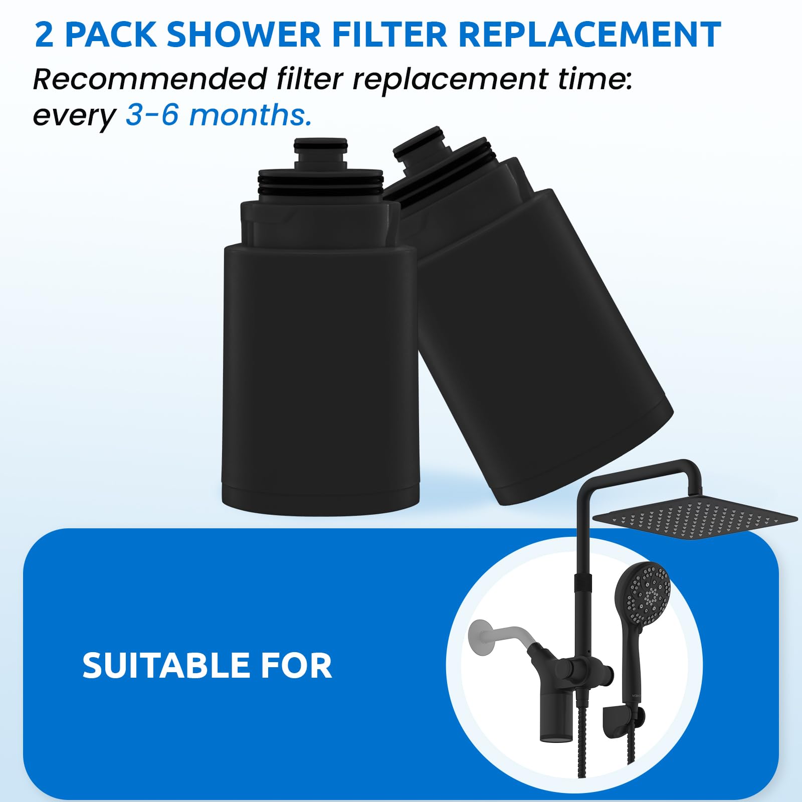 Ryamen filter media components visible, including KDF and vitamin C, for cleaner shower water.
