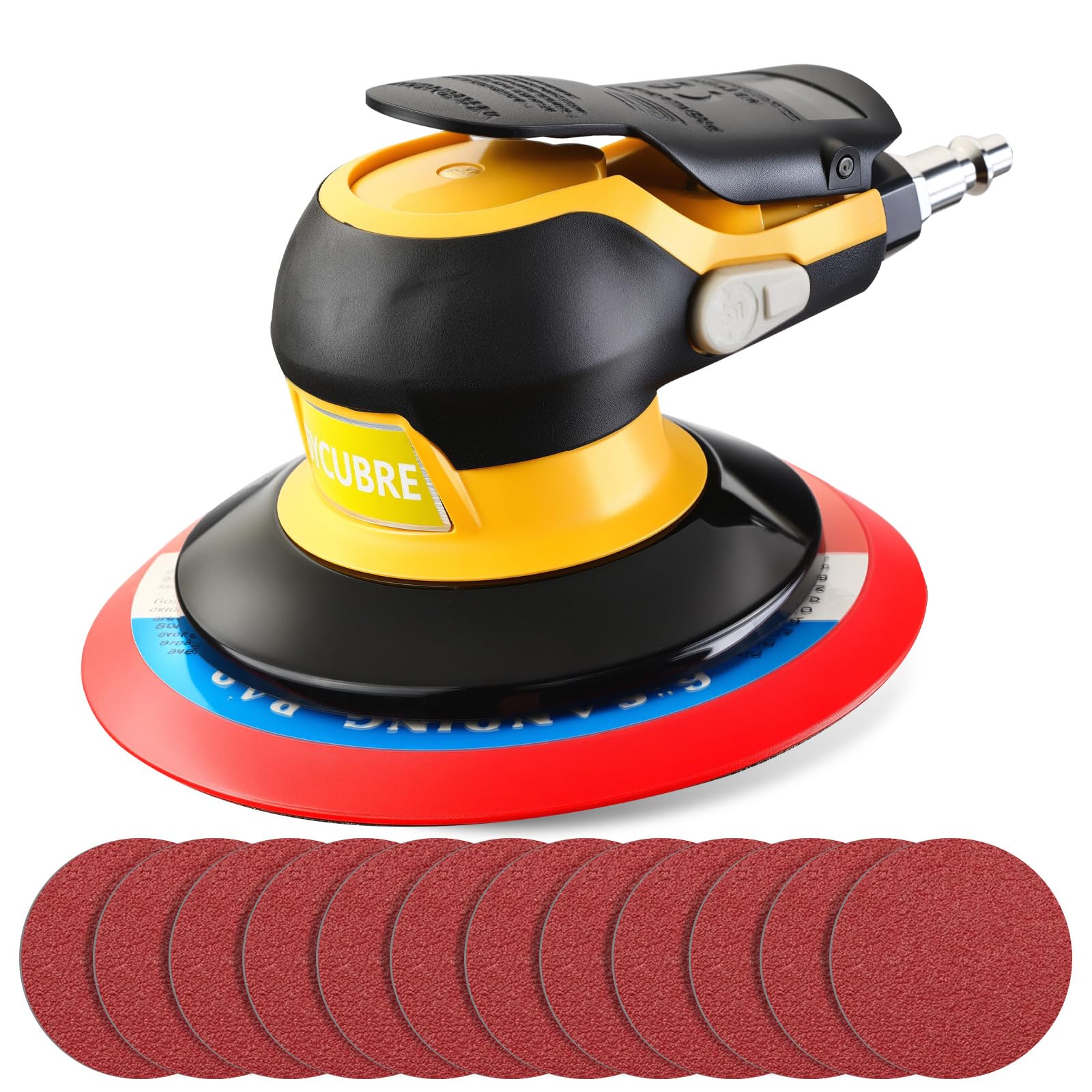 RYCUBRE low-noise sander with 6-inch pad for auto body prep, quiet operation.
