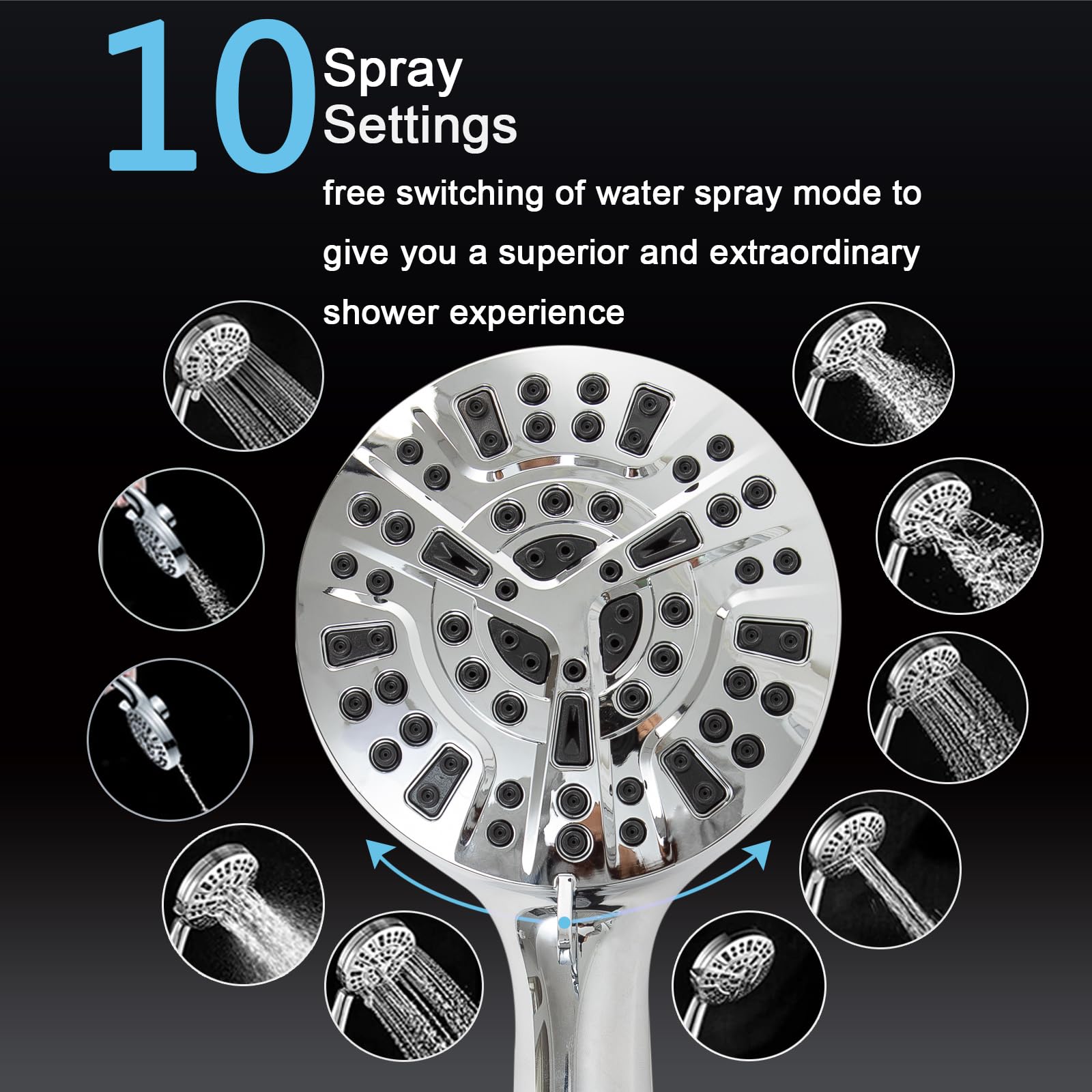 Ryhiac 10 spray modes for customized shower experiences.