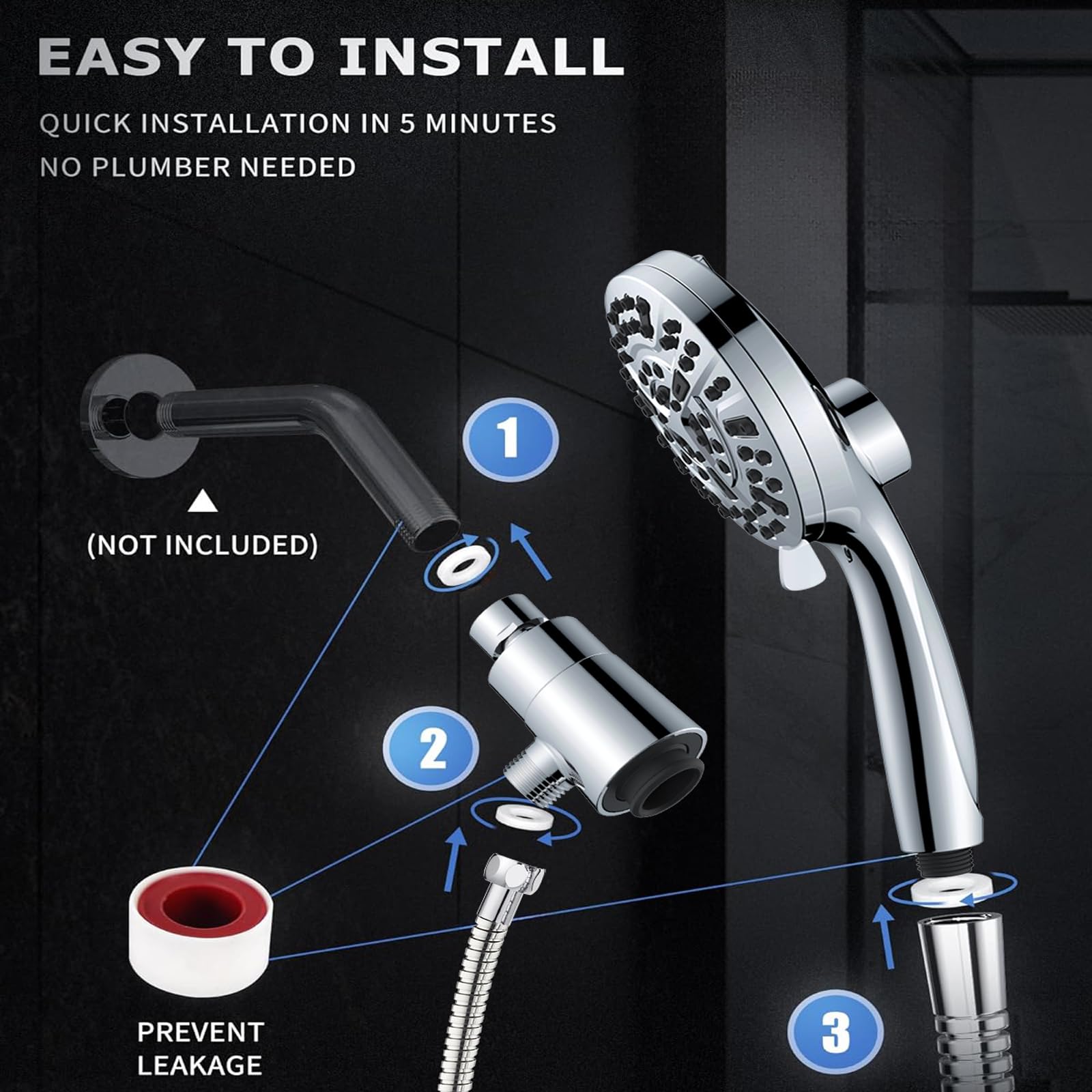 Ryhiac handheld showerhead with stainless 59-inch hose for flexible rinsing.