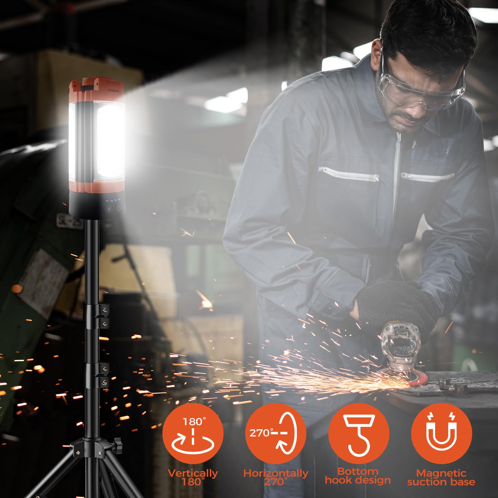 Cordless work light in bright orange for easy visibility in busy spaces.