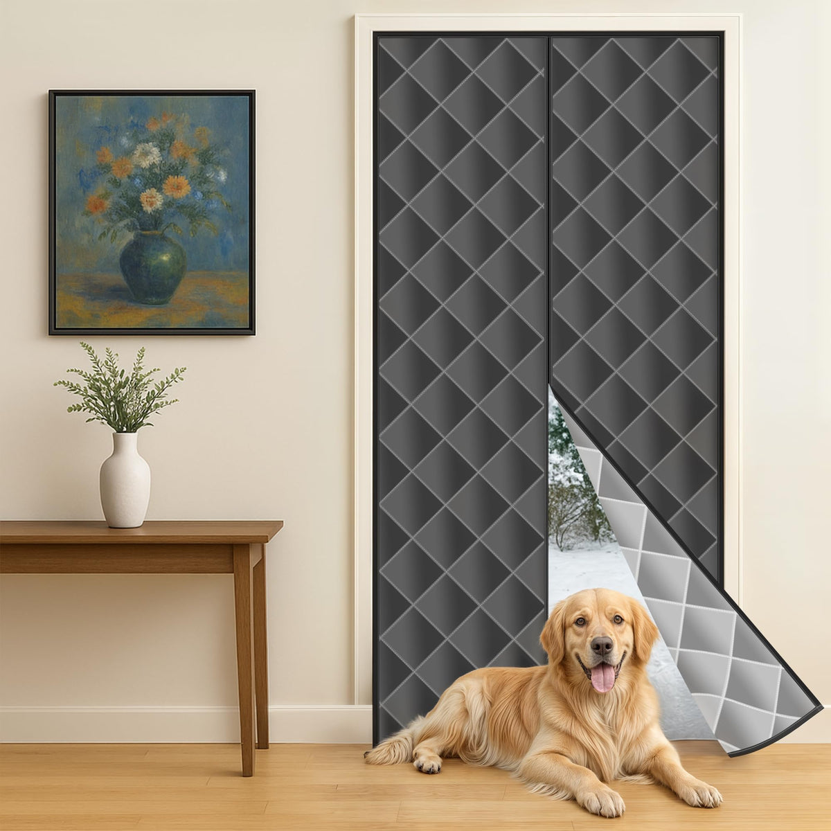 RYNVARK reversible door curtain front view showing full-seal draft control
