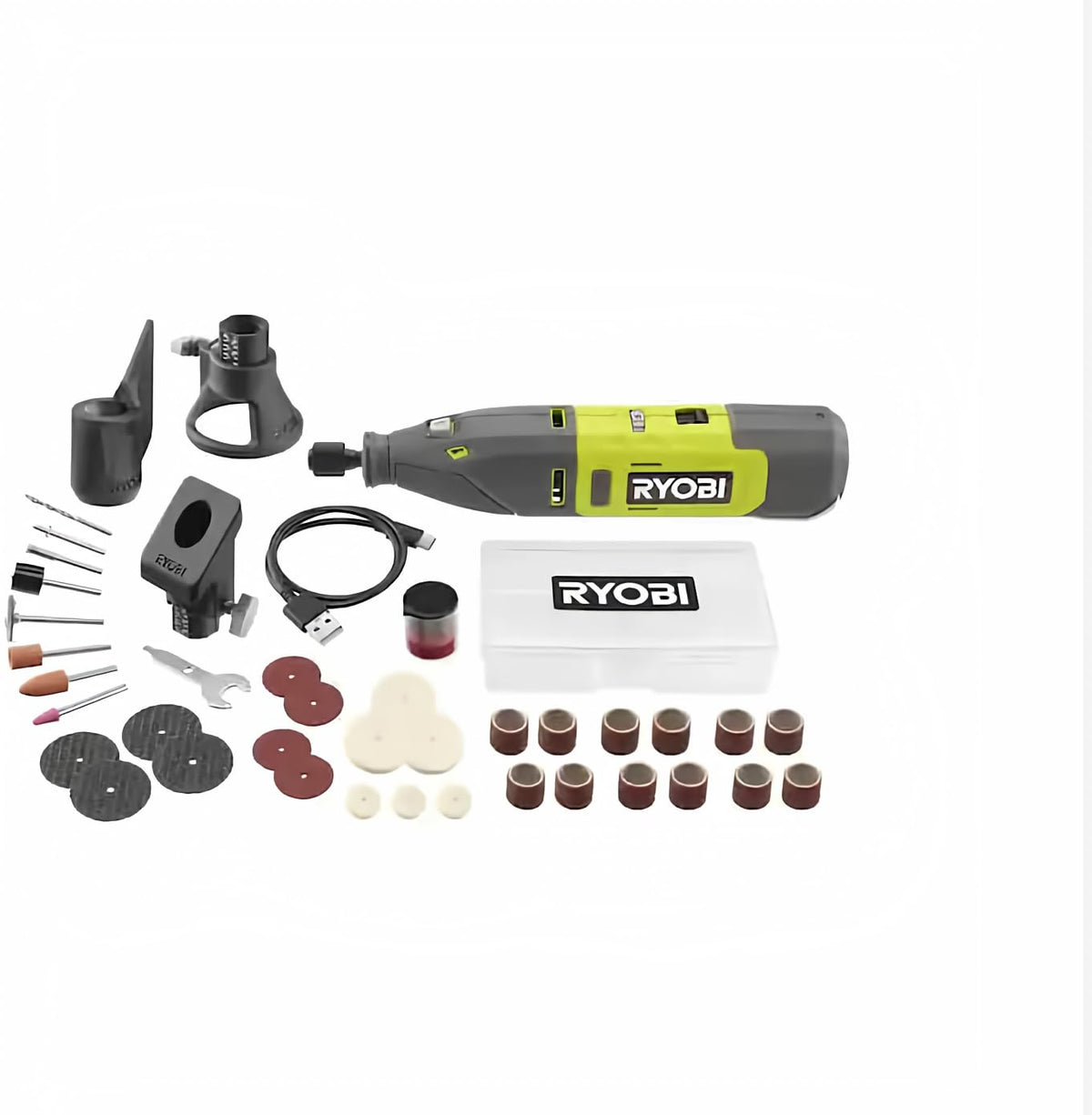 RYOBI 12V cordless rotary tool kit case organizes 35 accessories for travel and setup