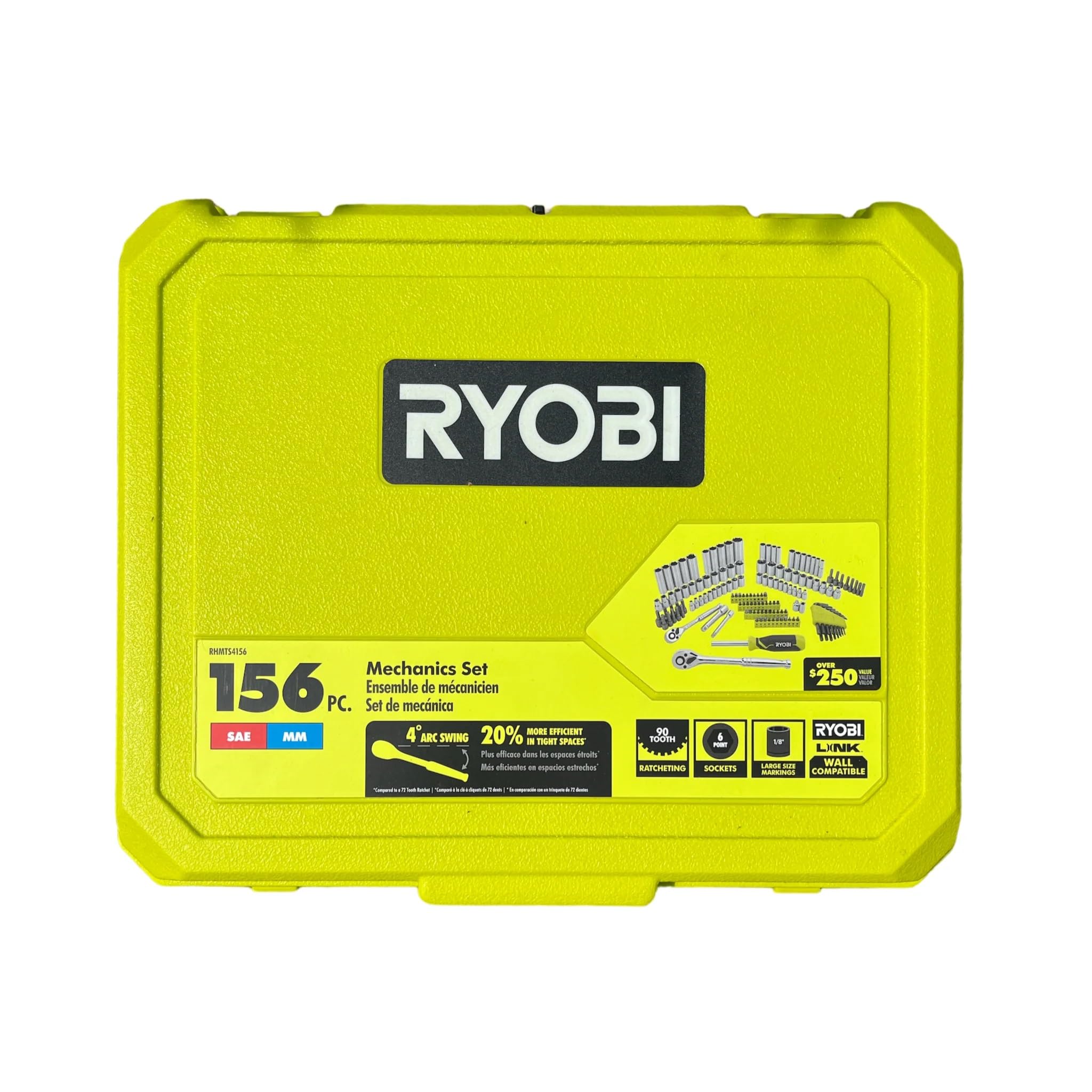 RYOBI 156pc mechanics set quick-release ratchets for tight spaces
