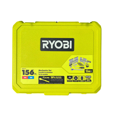RYOBI 156pc mechanics set quick-release ratchets for tight spaces