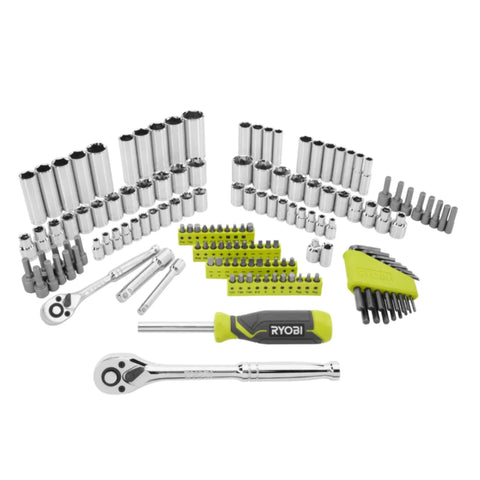 RYOBI 156pc mechanics set six-point sockets with large markings for quick size identification