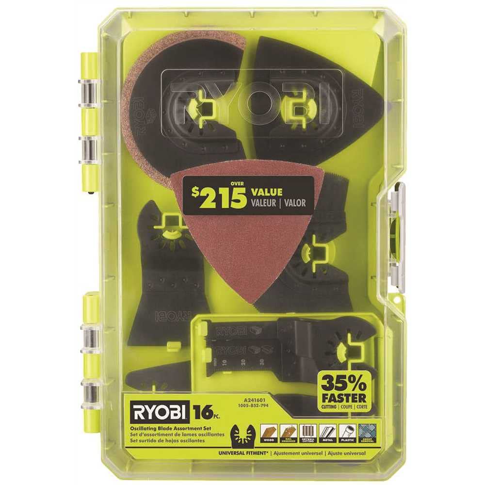 RYOBI 16-piece oscillating blade set case open for easy selection.