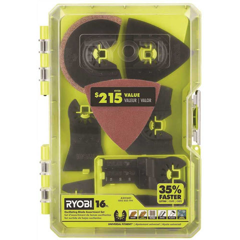 RYOBI 16-piece oscillating blade set case open for easy selection.