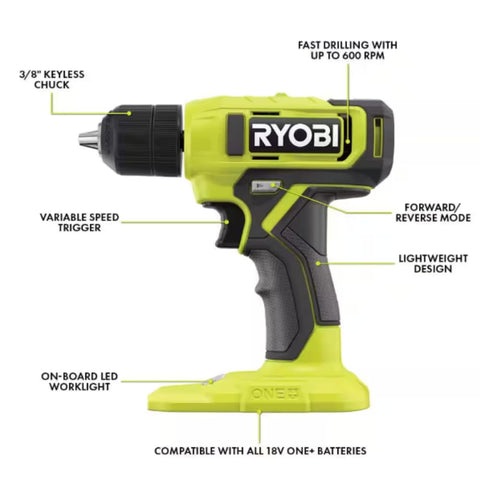 RYOBI 18V drill with battery and charger, ready for quick setup.