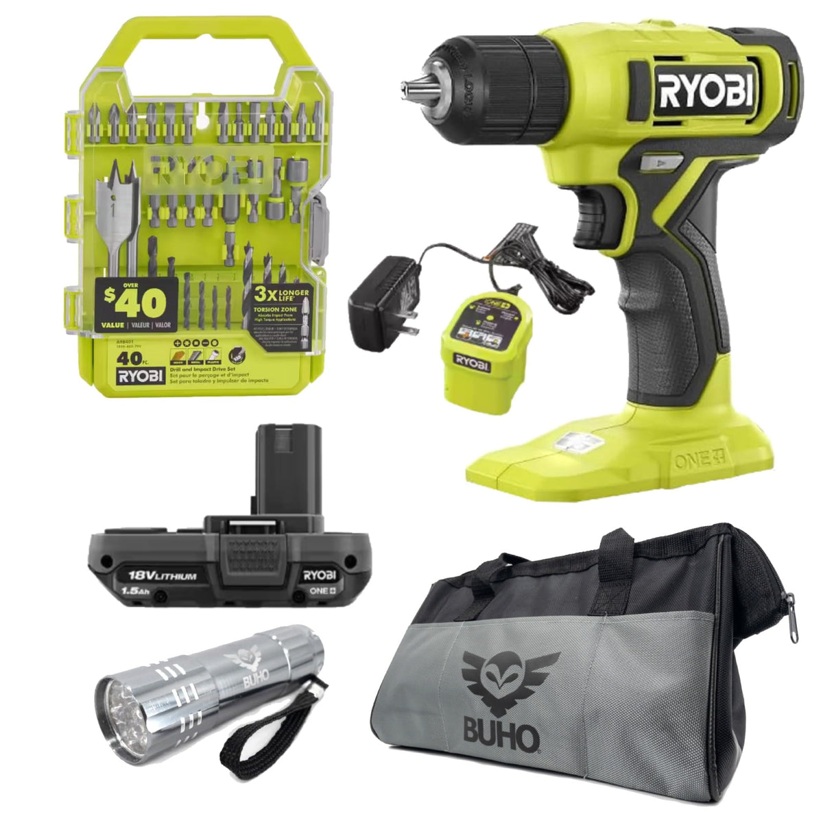 RYOBI 18V drill bundle front view, compact design ideal for tight spaces.